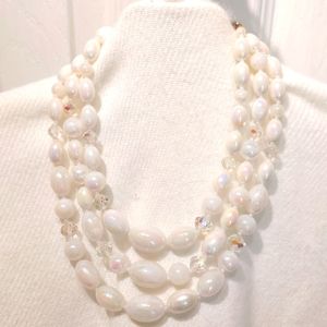 White and iridescent three strand beaded vintage necklace
